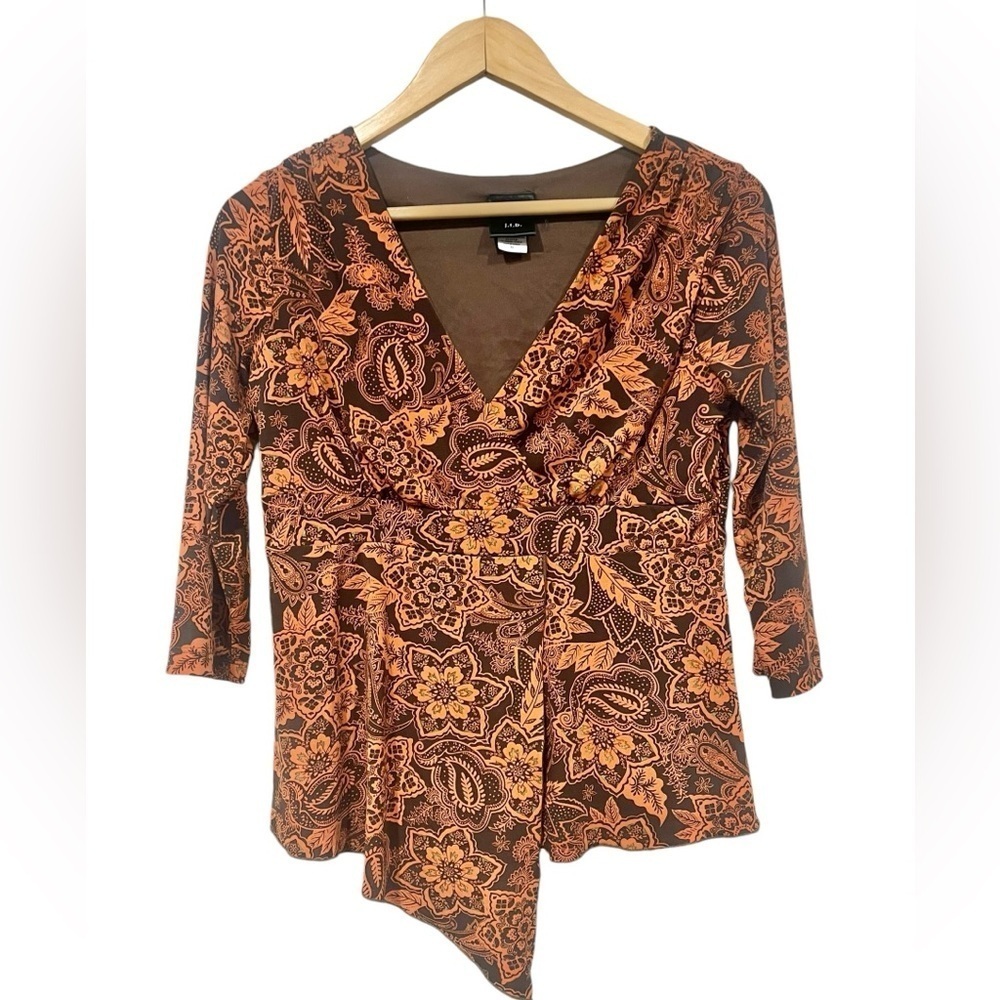 J.T.B Small 90s Y2K Baby Doll Top Brown & Orange Womens Faux Wrap Vintage Blouse